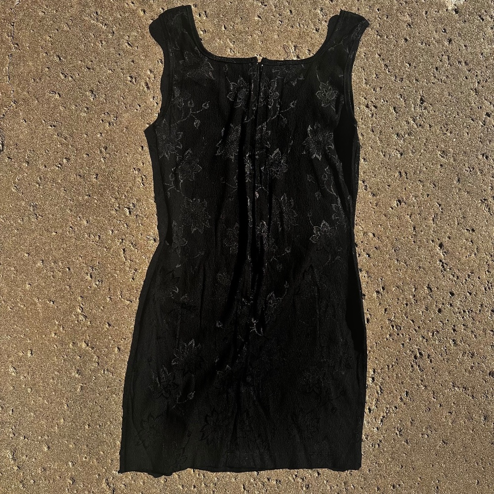 Black floral mini dress with square neckline